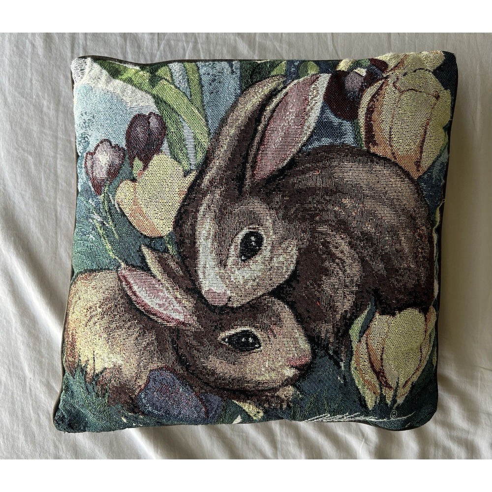 Vintage Woven Tapestry Bunny Rabbit Tulip Throw Pillow Cottagecore 16x16 Cute